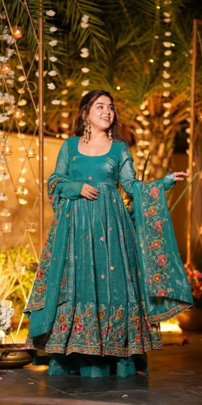 NSR 880 Firozi Crunchy Silk Gown with Embroidery Work. Wedding, Party, Festive, Events Grab it for ₹2249. Delivery 4-6 Working Days. Shop now. | Gowns, Bollywood Gowns, Creative Gowns, Designer Gowns, Embroidered Gowns, Party Wear Gowns