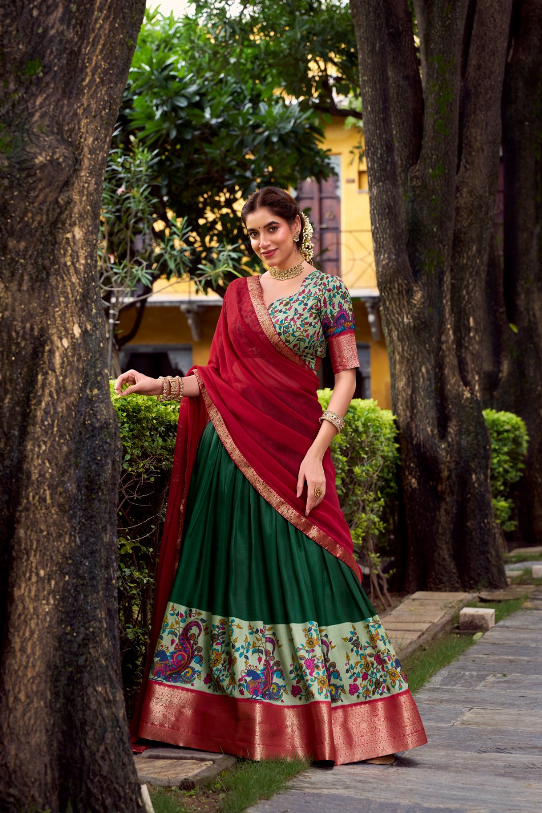 Green Aastha Silk Lace Zari Work Lehenga Choli - Image 2