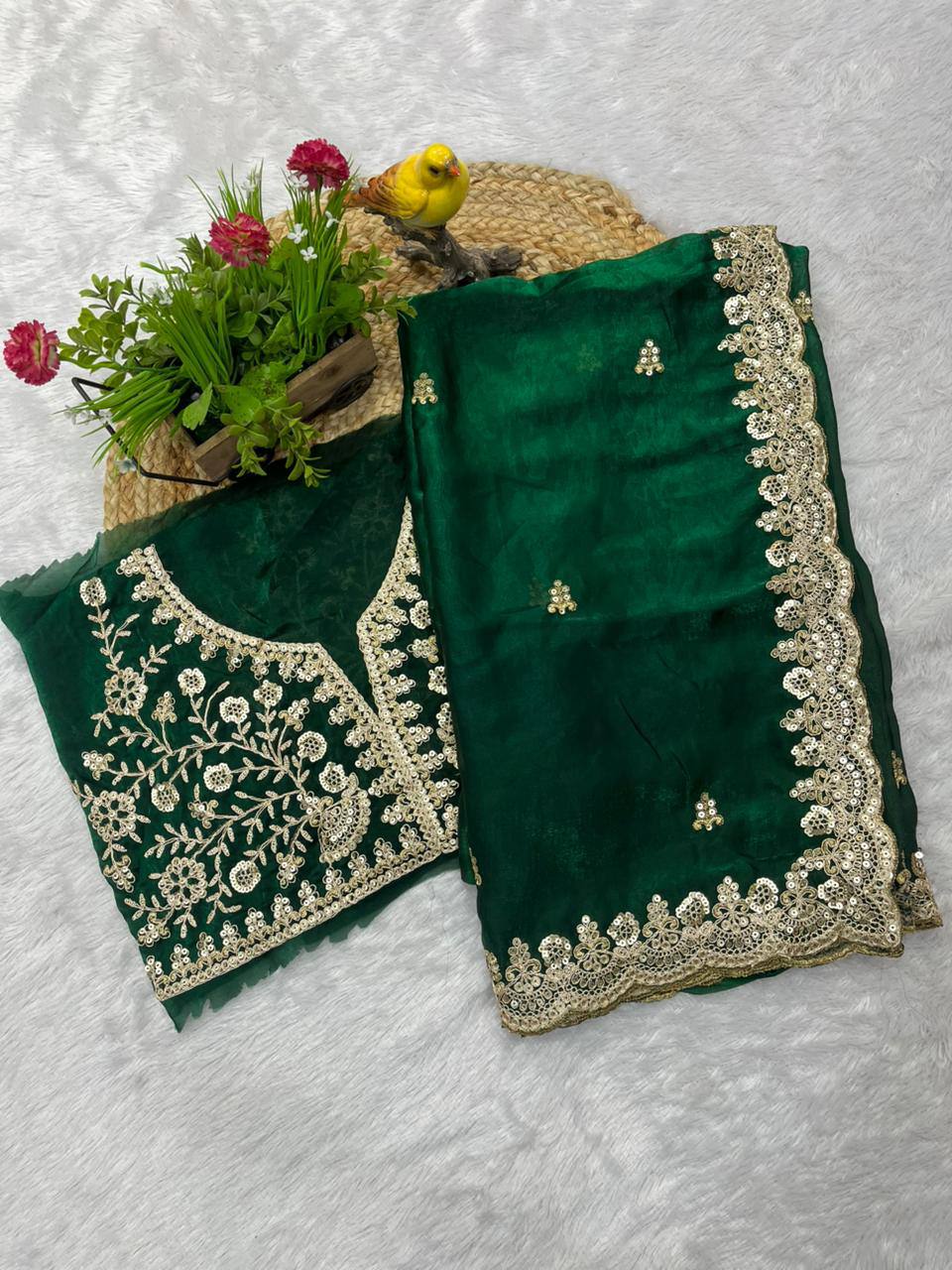 Green Fandy Satin Silk Zari Work Saree - Image 4