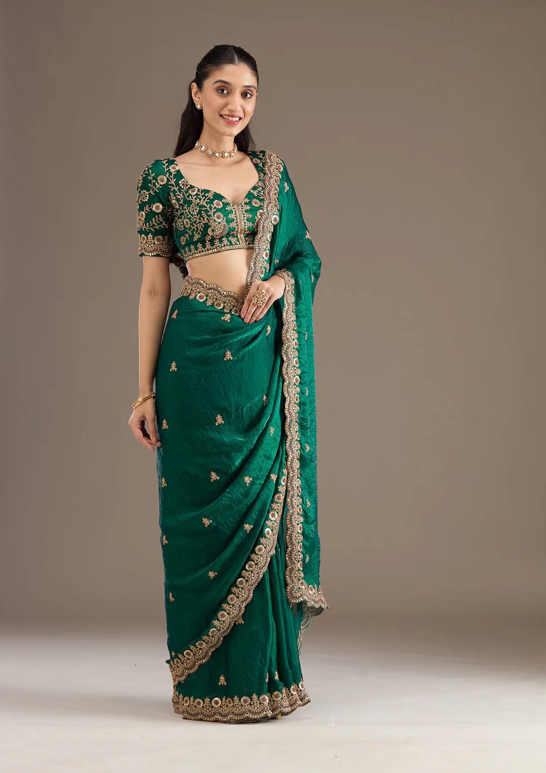 Green Fandy Satin Silk Zari Work Saree - Image 2