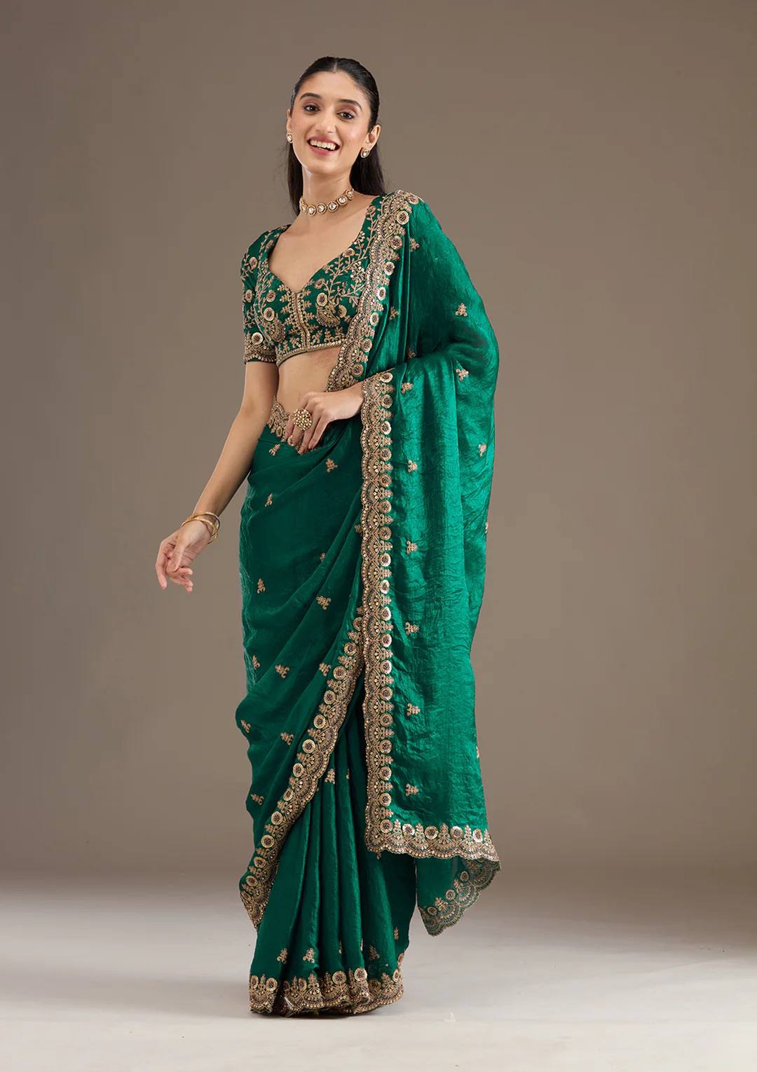 Green Fandy Satin Silk Zari Work Saree