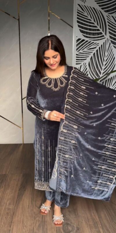 SRK 5211 Grey in Viscose Velvet Embroidery Work & Lace Work Salwar Suit . Grab it for ₹1999. Delivery 4-6 Working Days. Shop now. | Jump Suits, Tops & Bottoms, Track Suits, Trendy Wear, Salwar suit, Designer Suits, Casual Suits, Creative suits, Palazzo Suits, Party Wear Suits, Patiala Suits, Straight Suits