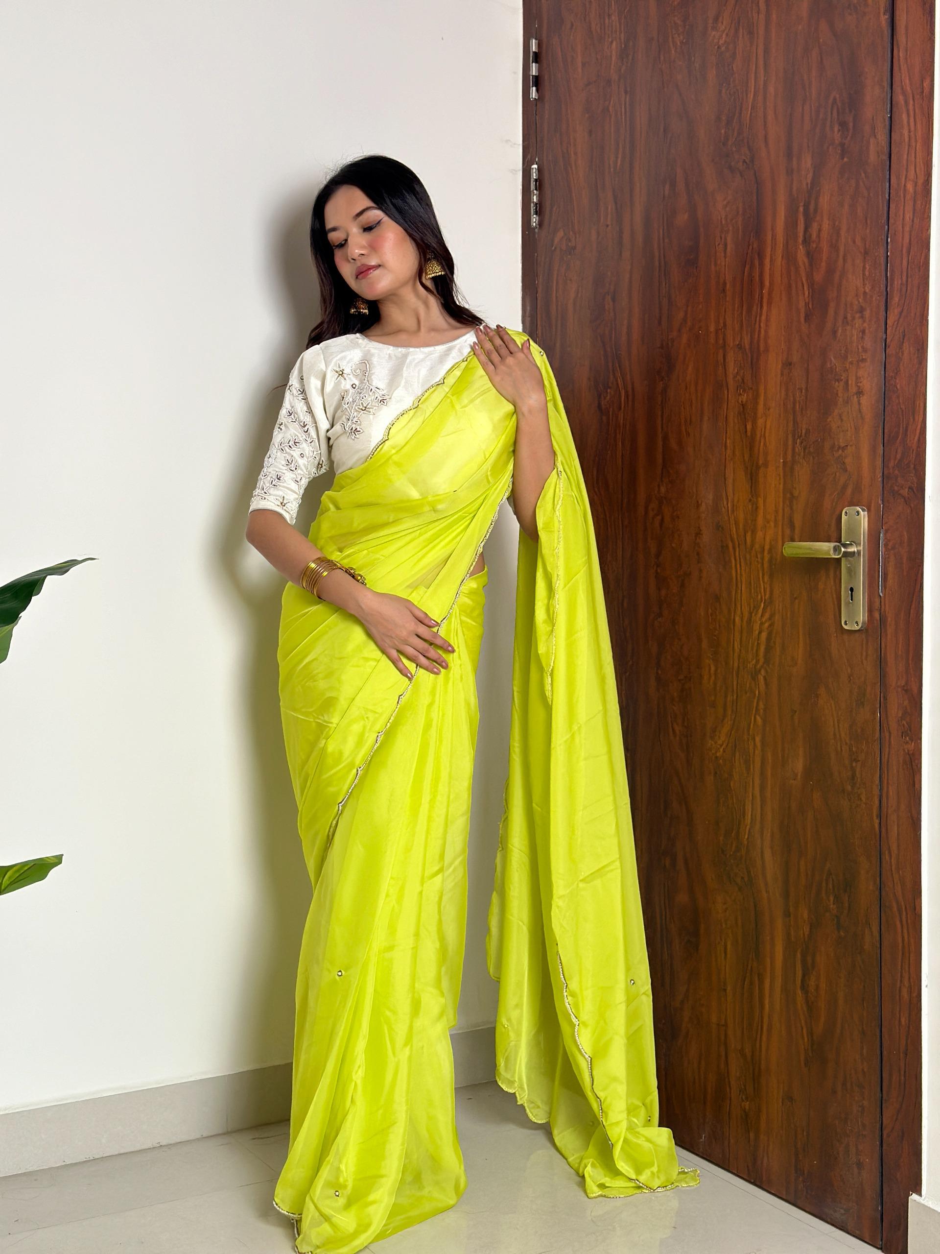 Lemon Yellow Soft Organza With Handwork Saree - Image 2