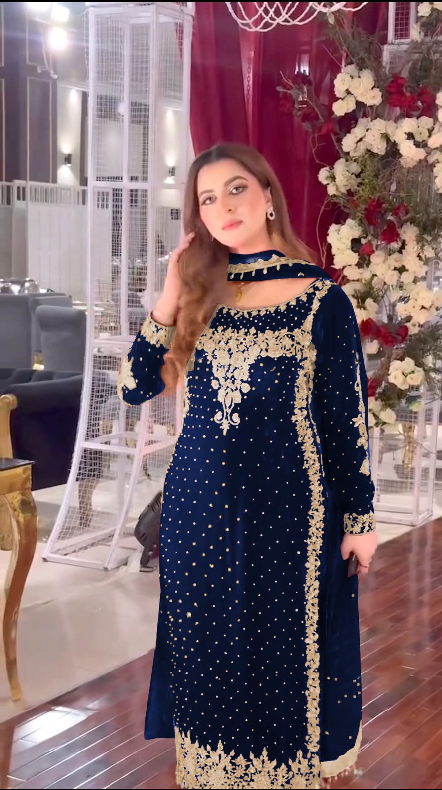 Navy Blue Viscose Velvet Lace Embroidery Work Salwar Suit - Image 3