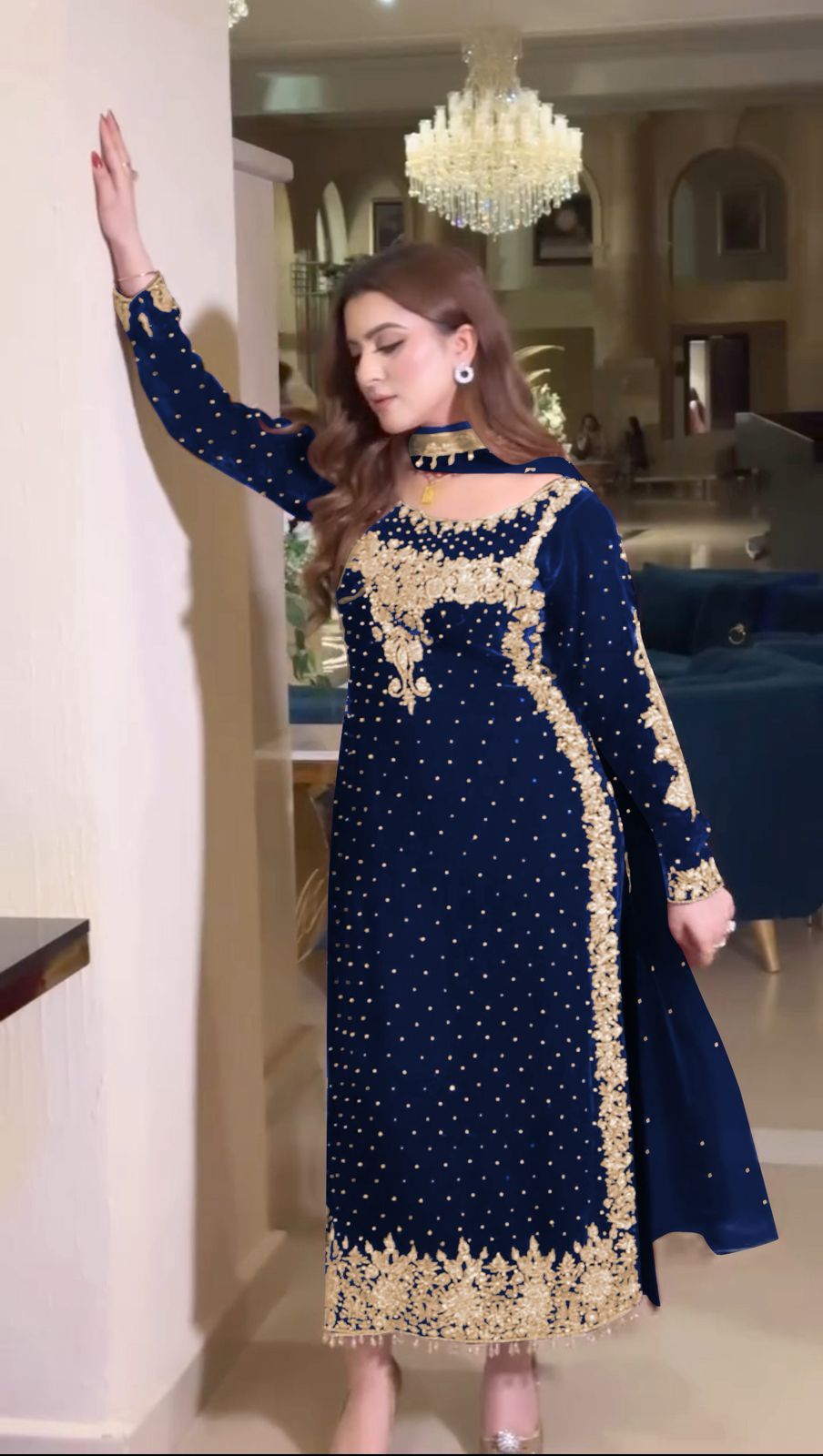 Navy Blue Viscose Velvet Lace Embroidery Work Salwar Suit