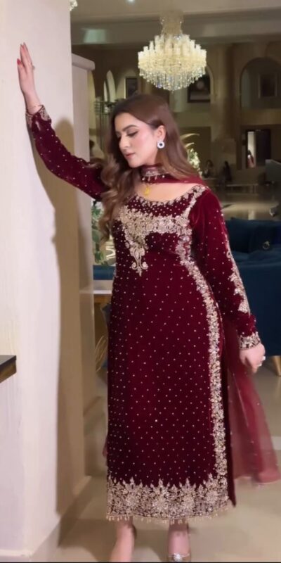 Maroon Viscose Velvet Lace Embroidery Work Salwar Suit