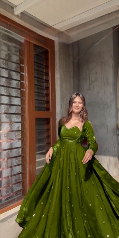 RTC 5937 Mehandi Fendy silk Gown with Lace Work. Wedding, Party, Festive, Events Get it for ₹2149. Delivery 4-6 Working Days. Shop now. | Gowns, Bollywood Gowns, Creative Gowns, Designer Gowns, Embroidered Gowns, Party Wear Gowns