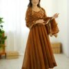Mustered Crunchy Silk Embroidery Lace Work Gown