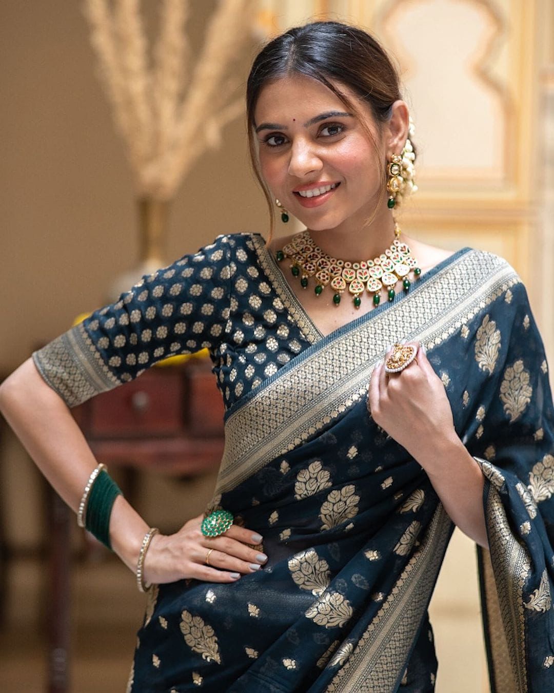 Navy Blue Soft Lichi Silk Jacquard Work Saree - Image 2