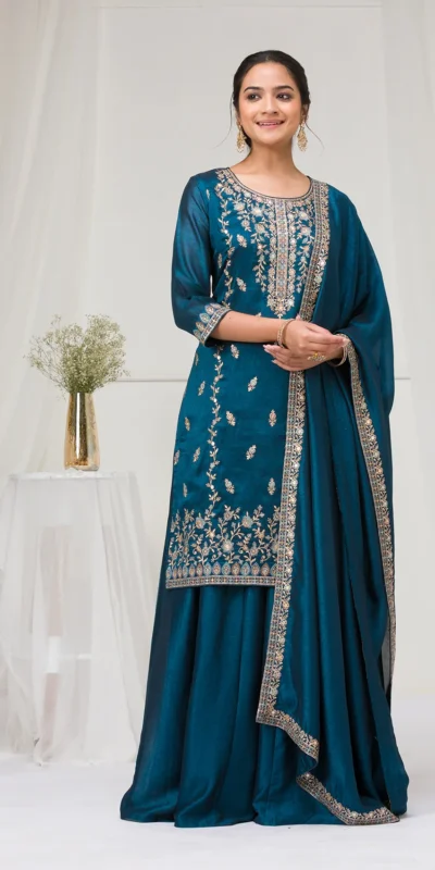 FC 2102 Peacock Blue Blooming Vichitra Salwar Suit with Embroidery Work. Festive Deal ₹2549. Delivery 4-6 Working Days. Shop now. | Jump Suits, Tops & Bottoms, Track Suits, Trendy Wear, Salwar suit, Designer Suits, Casual Suits, Creative suits, Palazzo Suits, Party Wear Suits, Patiala Suits, Straight Suits