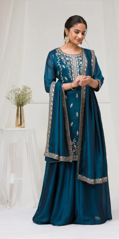 FC 2102 Peacock Blue Blooming Vichitra Salwar Suit with Embroidery Work. Festive Deal ₹2549. Delivery 4-6 Working Days. Shop now. | Jump Suits, Tops & Bottoms, Track Suits, Trendy Wear, Salwar suit, Designer Suits, Casual Suits, Creative suits, Palazzo Suits, Party Wear Suits, Patiala Suits, Straight Suits