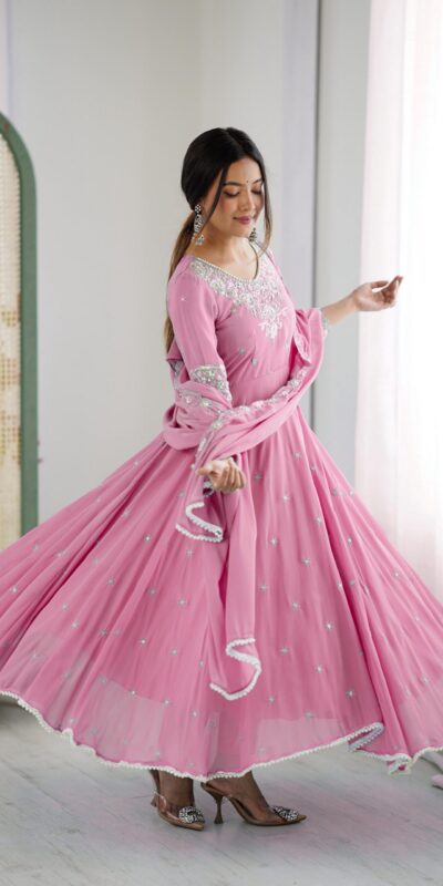 ZF 5012 Pink Blooming Faux Gown with Embroidery Work. Wedding, Party, Festive, Events Grab it for ₹2149. Delivery 4-6 Working Days. Shop now. | Lehenga, Bollywood Lehenga, Creative Lehenga, Designer Lehenga, Embroidered Lehenga, Party Wear Lehenga