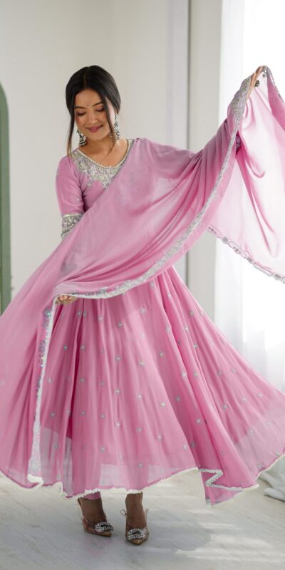 ZF 5012 Pink Blooming Faux Gown with Embroidery Work. Wedding, Party, Festive, Events Grab it for ₹2149. Delivery 4-6 Working Days. Shop now. | Lehenga, Bollywood Lehenga, Creative Lehenga, Designer Lehenga, Embroidered Lehenga, Party Wear Lehenga