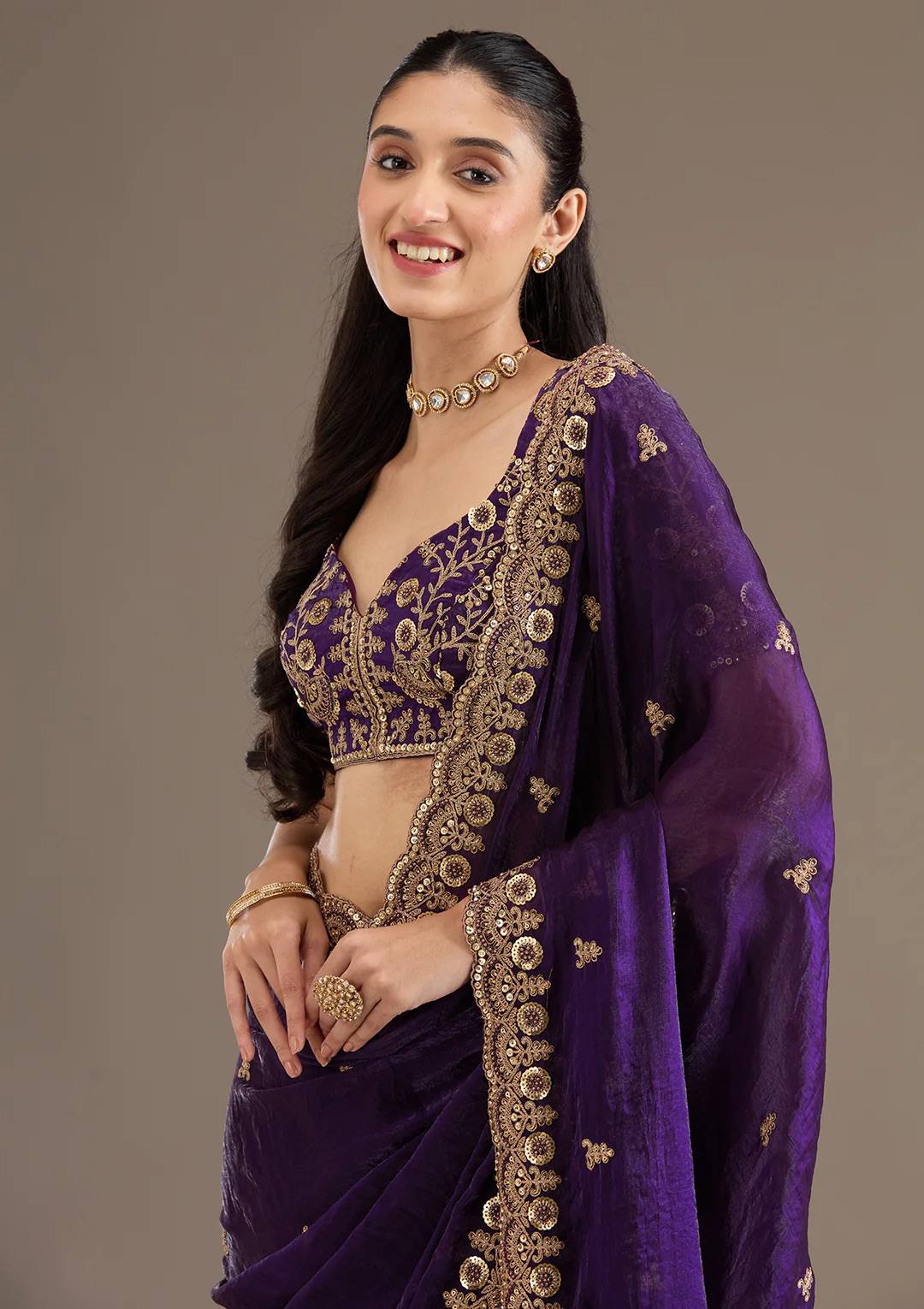 Purple Fandy Satin Silk Zari Work Saree - Image 3