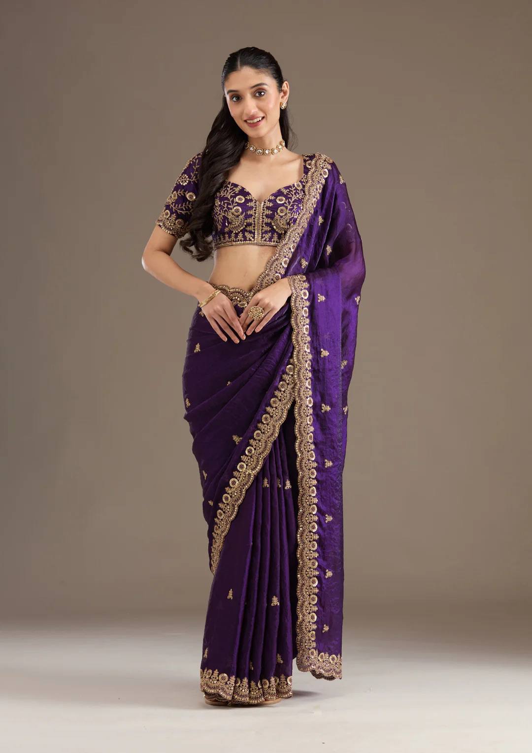 Purple Fandy Satin Silk Zari Work Saree