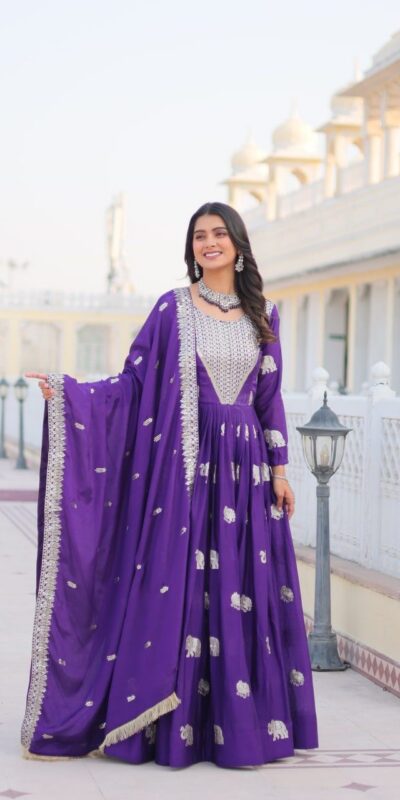 Ram 062 Purple Fox Georgette Gown Perfect for Wedding, Party, Family Gatherings, Durga Puja, Eid – . Festive Deal ₹1799. Delivery 4-6 Working Days. Shop no | Gowns, Bollywood Gowns, Creative Gowns, Designer Gowns, Embroidered Gowns, Party Wear Gowns