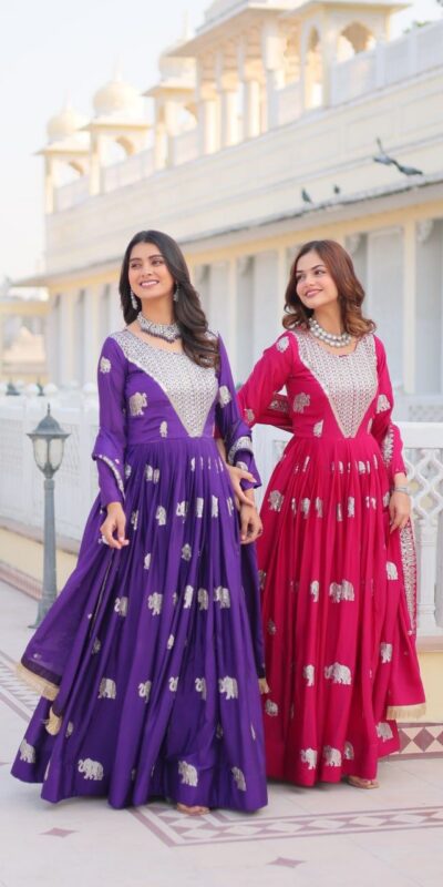 Ram 062 Purple Fox Georgette Gown Perfect for Wedding, Party, Family Gatherings, Durga Puja, Eid – . Festive Deal ₹1799. Delivery 4-6 Working Days. Shop no | Gowns, Bollywood Gowns, Creative Gowns, Designer Gowns, Embroidered Gowns, Party Wear Gowns