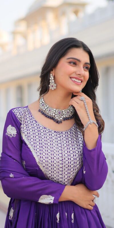 Ram 062 Purple Fox Georgette Gown Perfect for Wedding, Party, Family Gatherings, Durga Puja, Eid – . Festive Deal ₹1799. Delivery 4-6 Working Days. Shop no | Gowns, Bollywood Gowns, Creative Gowns, Designer Gowns, Embroidered Gowns, Party Wear Gowns