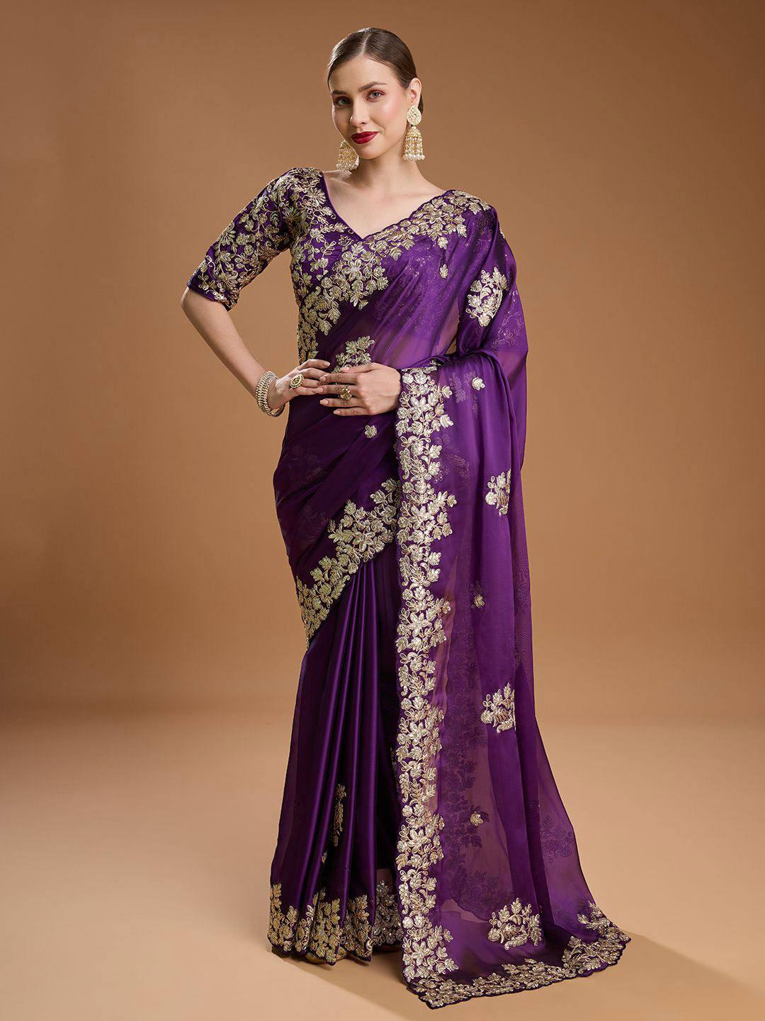 Purple Rangoli Silk Sequins Embroidery Work Saree