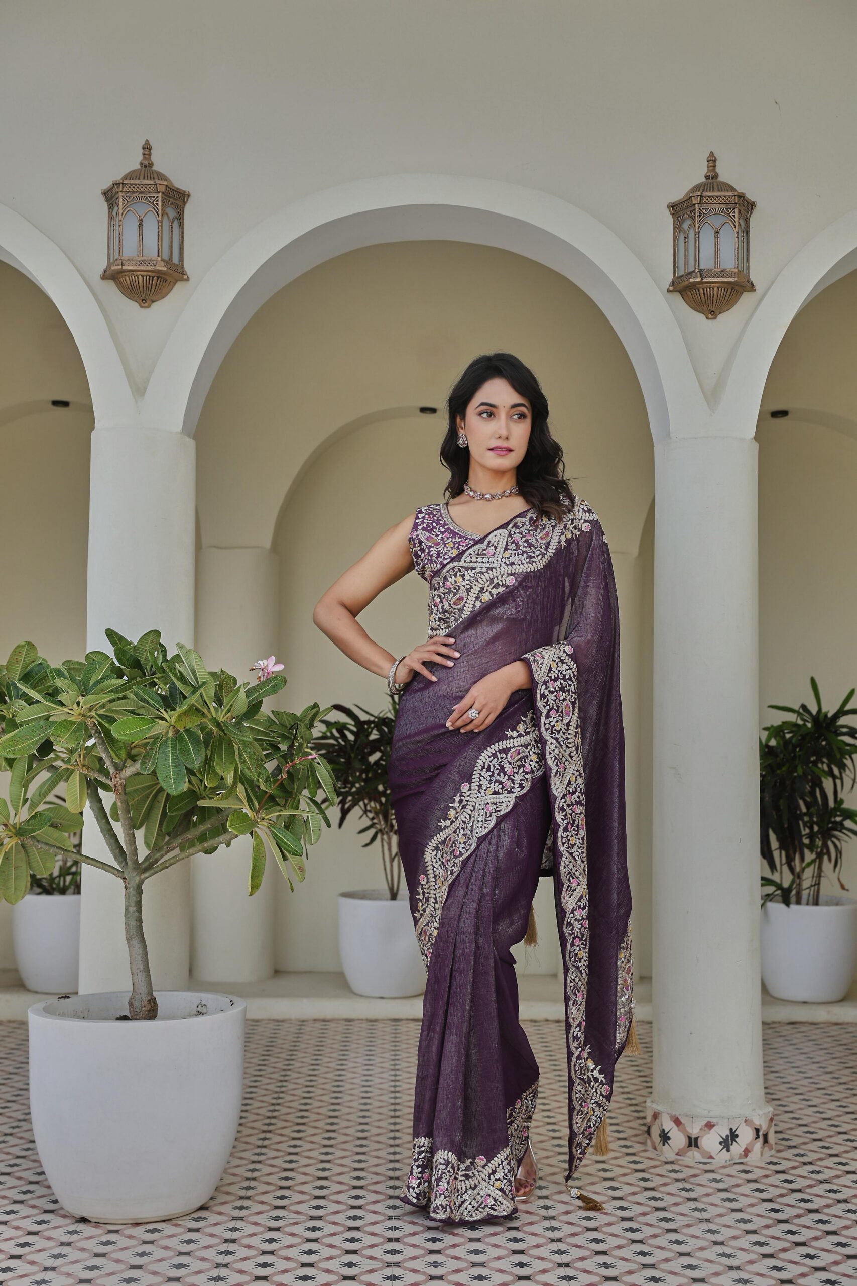 Purple Silver Crunchy Embroidery Work Saree - Image 3