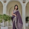 Purple Silver Crunchy Embroidery Work Saree