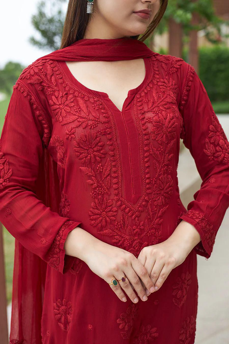 BE 370 Red Faux Georgette Salwar Suit with Lace Work & Embroidery Work. Festive Deal ₹1949. Delivery 4-6 Working Days. Shop now. | Jump Suits, Salwar suit, Designer Suits, Casual Suits, Creative suits, Palazzo Suits, Party Wear Suits, Patiala Suits, Straight Suits