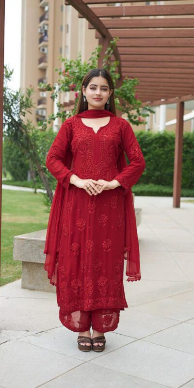BE 370 Red Faux Georgette Salwar Suit with Lace Work & Embroidery Work. Festive Deal ₹1949. Delivery 4-6 Working Days. Shop now. | Jump Suits, Salwar suit, Designer Suits, Casual Suits, Creative suits, Palazzo Suits, Party Wear Suits, Patiala Suits, Straight Suits