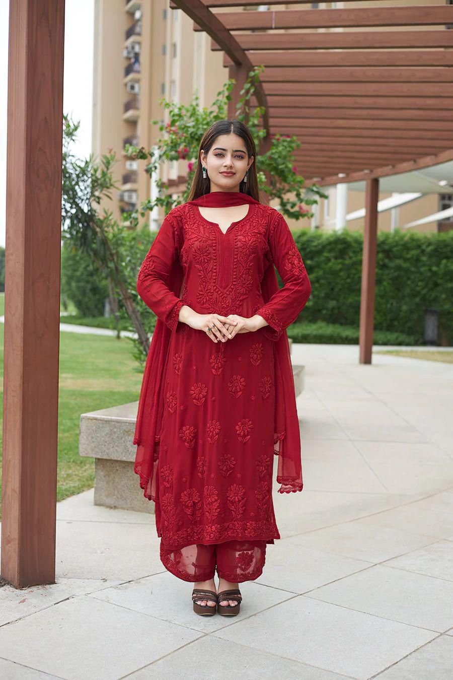 BE 370 Red Faux Georgette Salwar Suit with Lace Work & Embroidery Work. Festive Deal ₹1949. Delivery 4-6 Working Days. Shop now. | Jump Suits, Salwar suit, Designer Suits, Casual Suits, Creative suits, Palazzo Suits, Party Wear Suits, Patiala Suits, Straight Suits