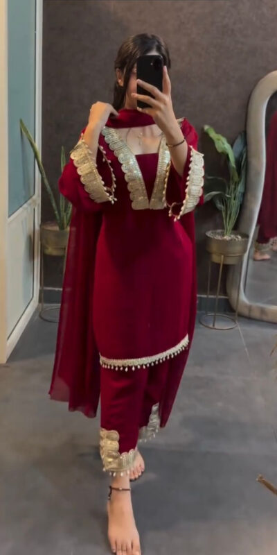 SRK 5306 Red Faux Georgette Salwar Suit with Lace Work & Embroidery Work. Special Price ₹1899. Delivery 4-6 Working Days. Shop now. | Lehenga, Bollywood Lehenga, Creative Lehenga, Designer Lehenga, Embroidered Lehenga, Party Wear Lehenga