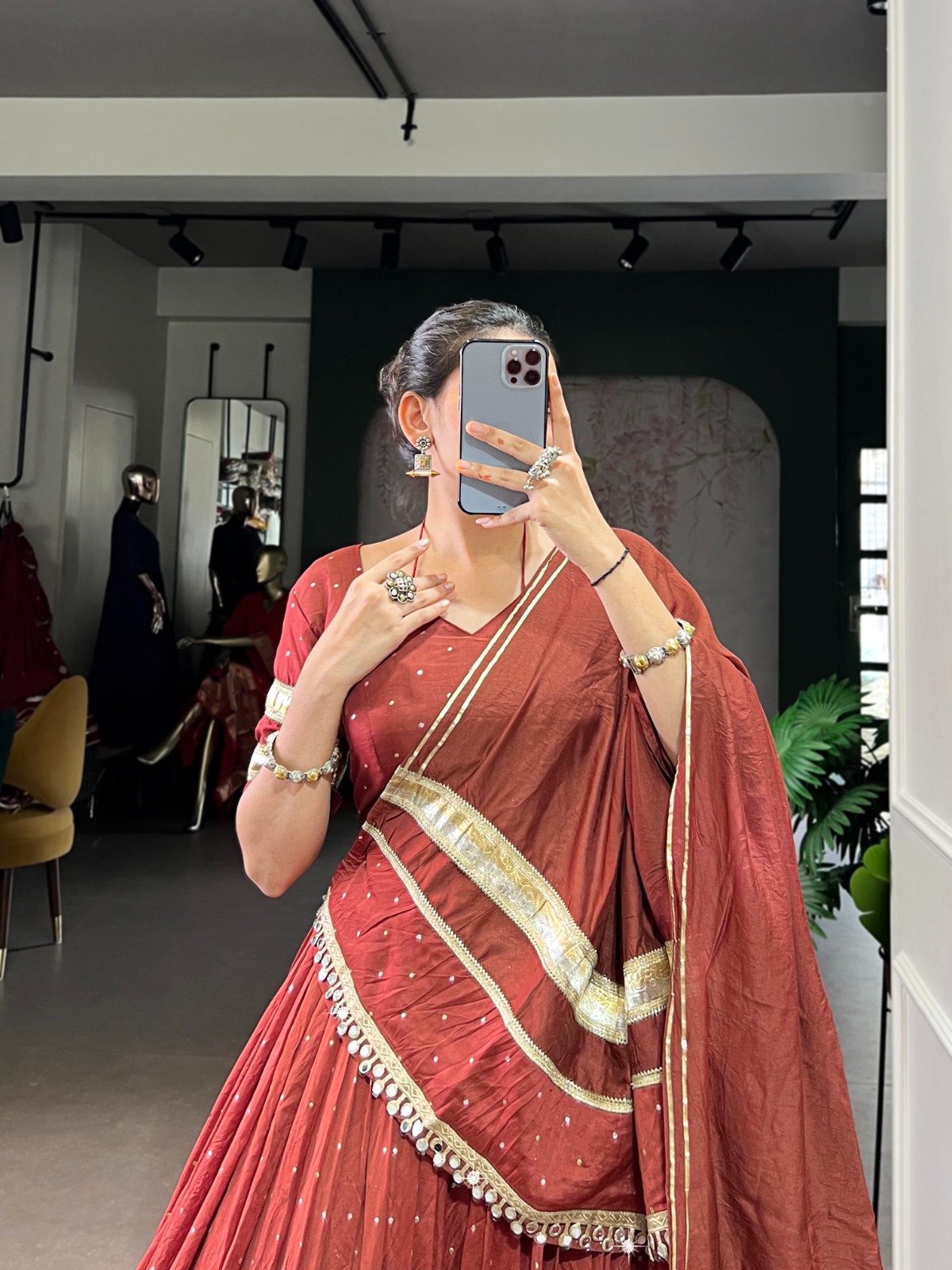 Rust Chanderi Lace Zari Work Lehenga Choli - Image 3