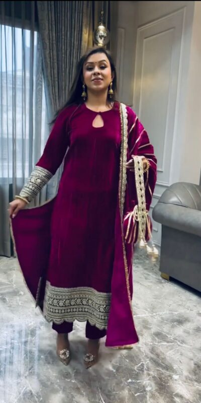 VLM 241 Wine in Crash Viscose Velvet Embroidery Work Salwar Suit . Affordable Price ₹2399. Delivery 4-6 Working Days. Shop now. | Jump Suits, Salwar suit, Designer Suits, Casual Suits, Creative suits, Palazzo Suits, Party Wear Suits, Patiala Suits, Straight Suits