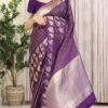 Wine Soft Lichi Silk Border Lace Work Saree