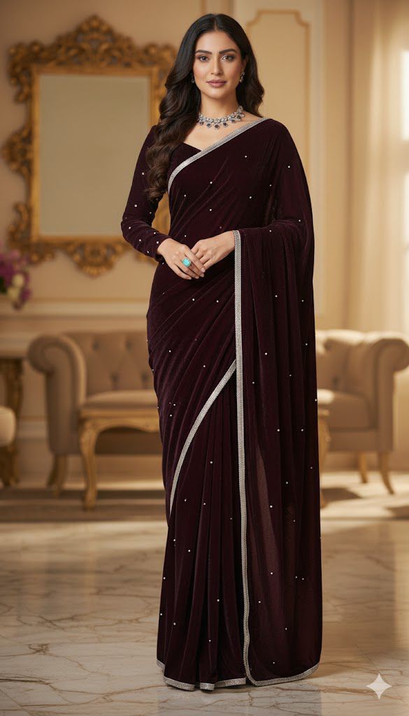 Wine Velvet 9000 Revert Machine Pearl Work Saree - Image 4