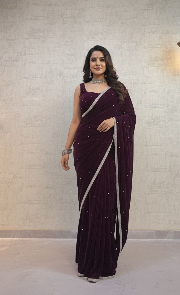 Wine Velvet 9000 Revert Machine Pearl Work Saree - Image 2