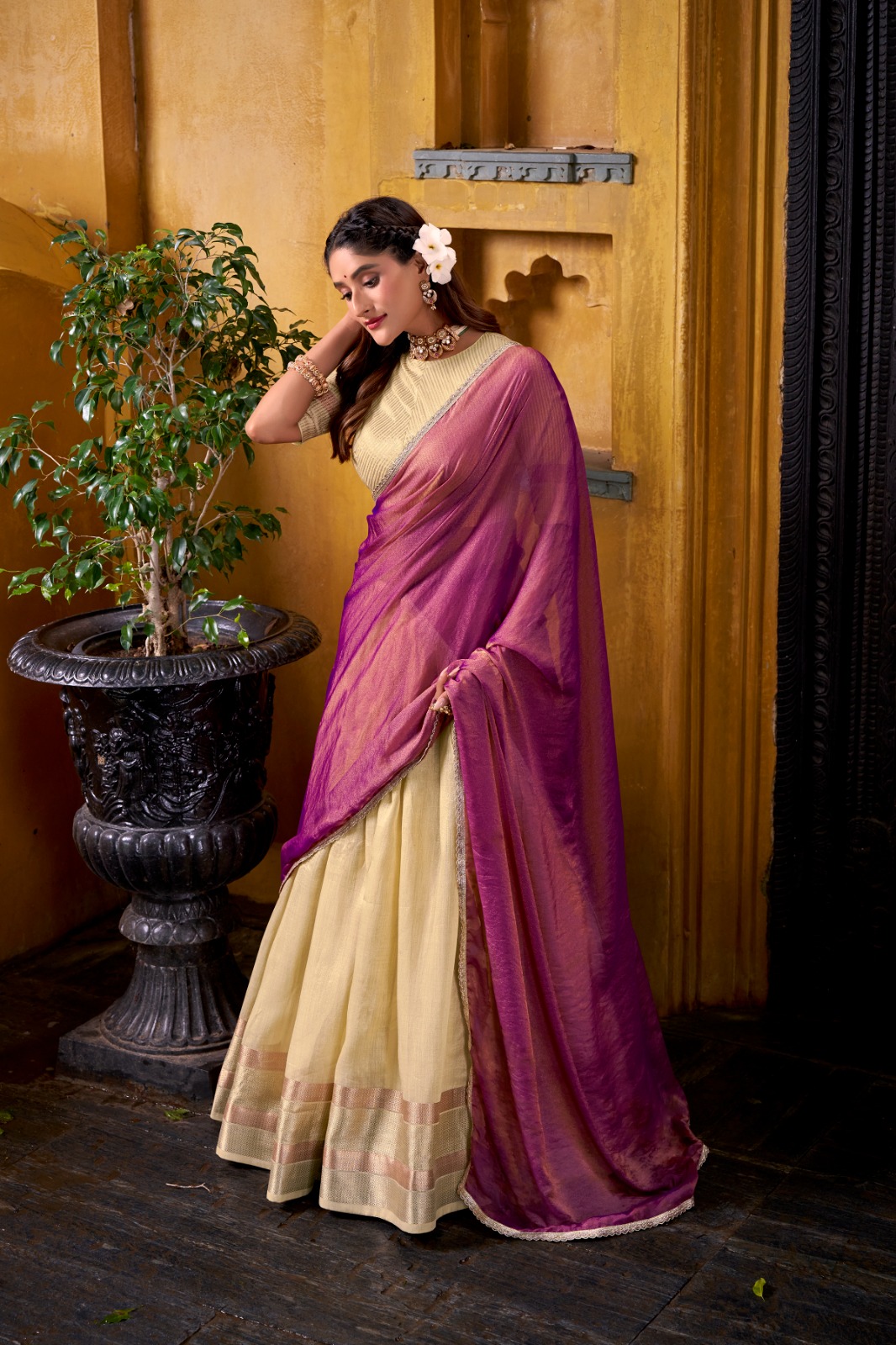 Yellow Dupion Silk Lace Zari Work Lehenga Choli