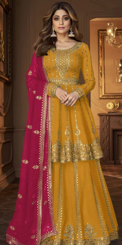 DS A 9125 Yellow Faux Georgette Salwar Suit with Embroidery Work. Special Price ₹2599. Delivery 4-6 Working Days. Shop now. | Jump Suits, Tops & Bottoms, Track Suits, Trendy Wear, Salwar suit, Designer Suits, Casual Suits, Creative suits, Palazzo Suits, Party Wear Suits, Patiala Suits, Straight Suits