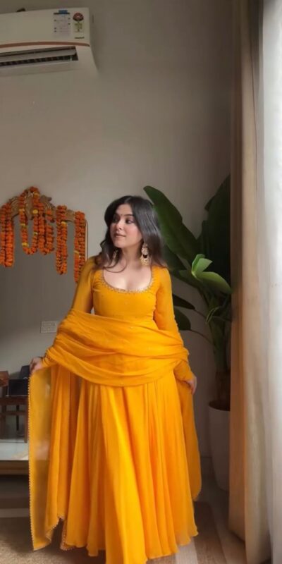 RTC 5935 Yellow Faux Georgette Gown with Lace Work. Wedding, Party, Festive, Events Exclusive Offer ₹2049. Delivery 4-6 Working Days. Shop now. | Gowns, Bollywood Gowns, Creative Gowns, Designer Gowns, Embroidered Gowns, Party Wear Gowns