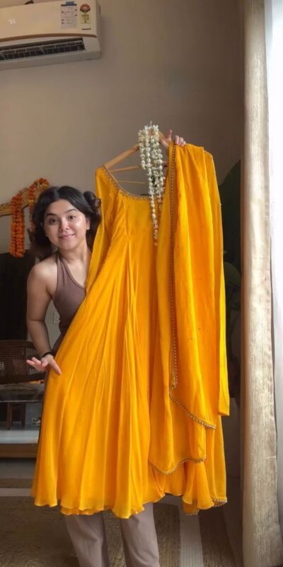 RTC 5935 Yellow Faux Georgette Gown with Lace Work. Wedding, Party, Festive, Events Exclusive Offer ₹2049. Delivery 4-6 Working Days. Shop now. | Gowns, Bollywood Gowns, Creative Gowns, Designer Gowns, Embroidered Gowns, Party Wear Gowns