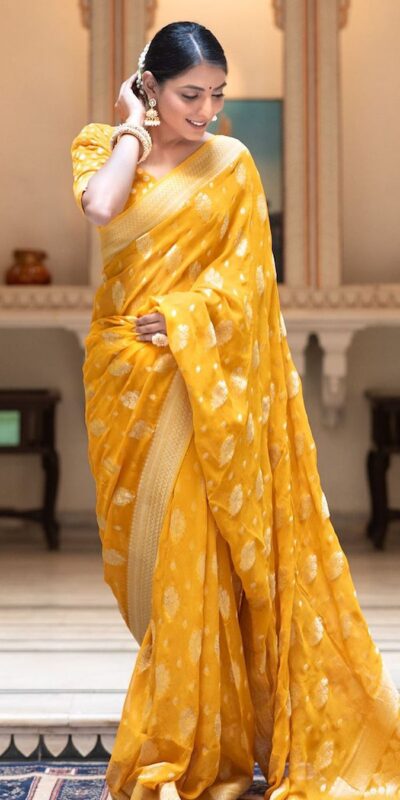Yellow Soft Lichi Silk Jacquard Work Saree