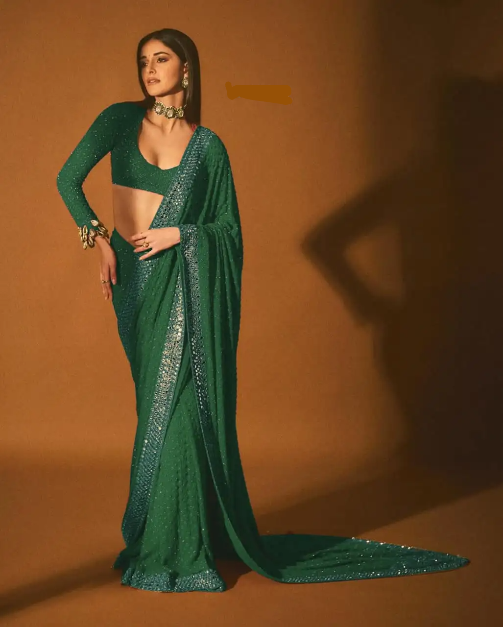 Green Faux Georgette Embroidery Mirror Work Saree