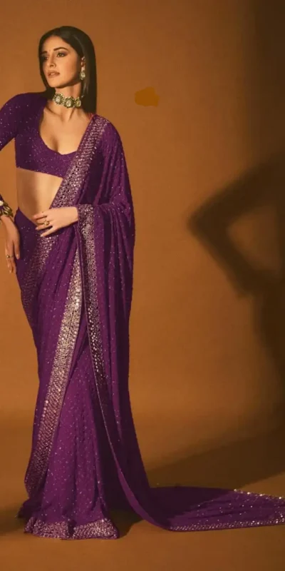 Wine Faux Georgette Embroidery Mirror Work Saree