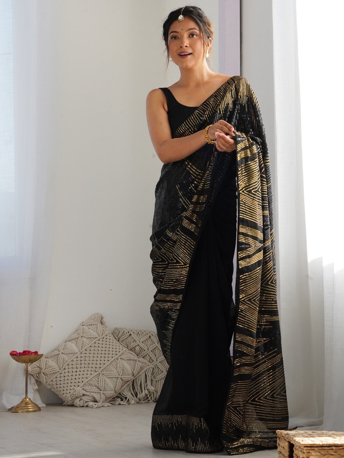 Black Georgette Sequence Lace Work Saree