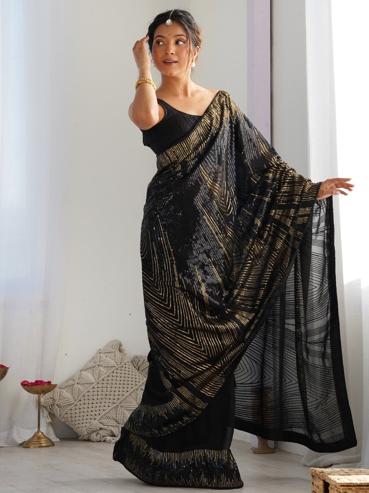Black Georgette Sequence Lace Work Saree - Image 2