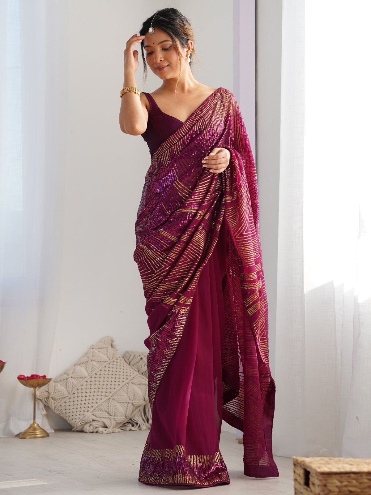 Wine Georgette Sequence Lace Work Saree