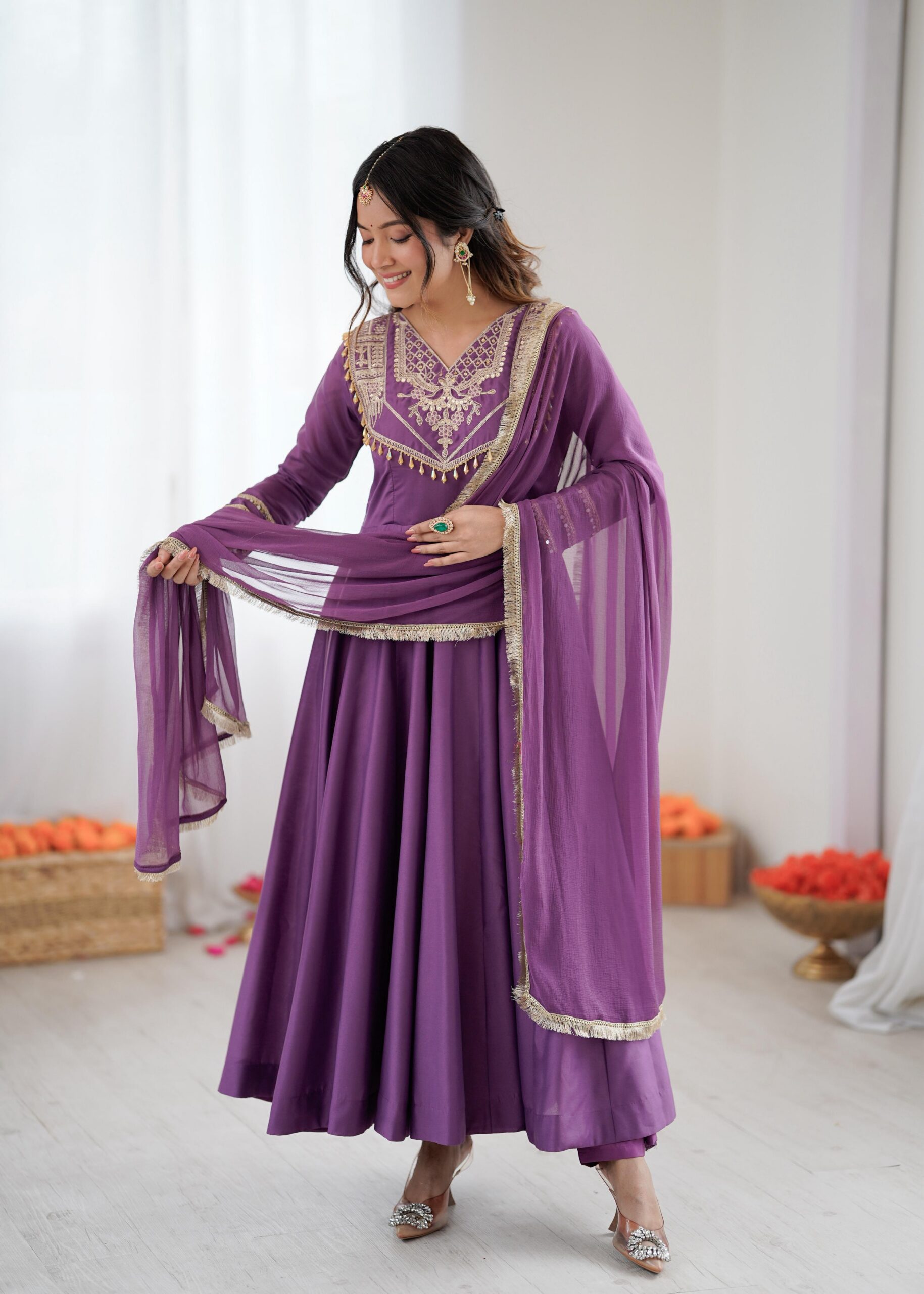 Lavender Roman Silk Lace Work Border Gown