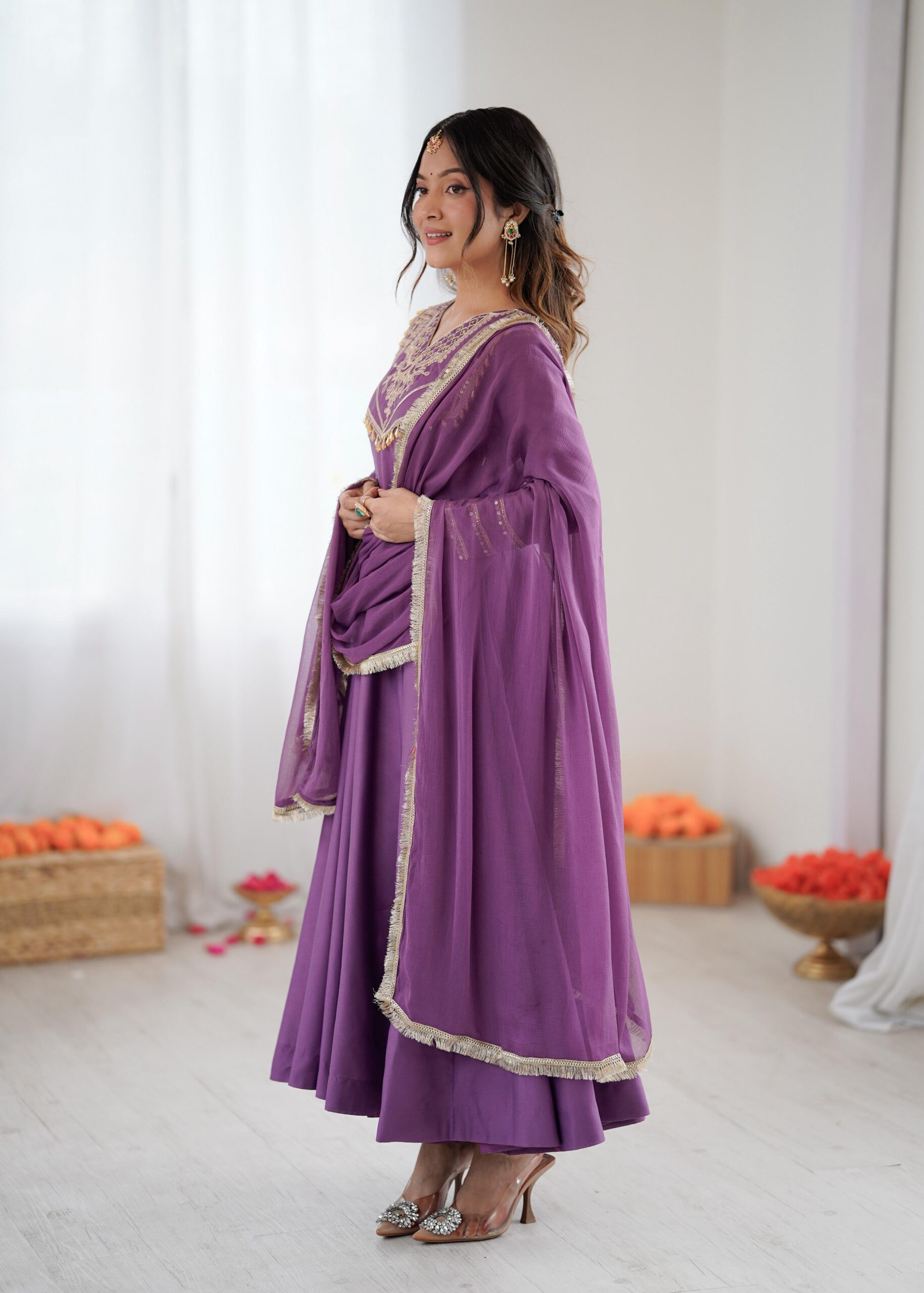Lavender Roman Silk Lace Work Border Gown - Image 2
