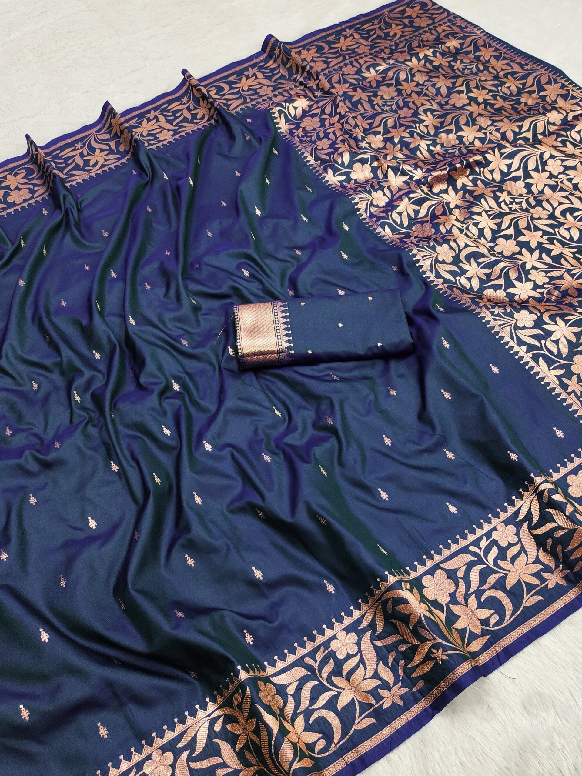 Navy Blue Banarasi Silk Zari Weaving Lace Work Saree