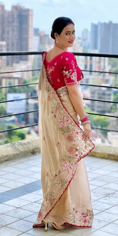 Cream Organza Silk Embroidery Cut Work Saree
