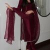 Maroon Pure Organza Embroidery Bead Work Slawar Suit