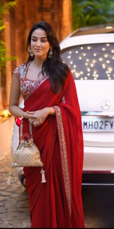 Red Rangoli Silk Lace Embroidery Work Saree